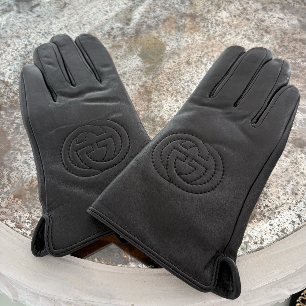 GG Black Leather Logo Gloves